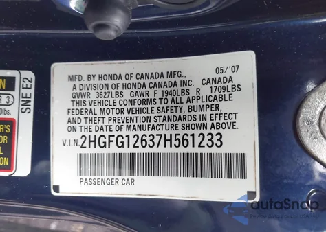 2007 Honda Civic Lx from USA, damaged, VIN 2HGFG12637H561233